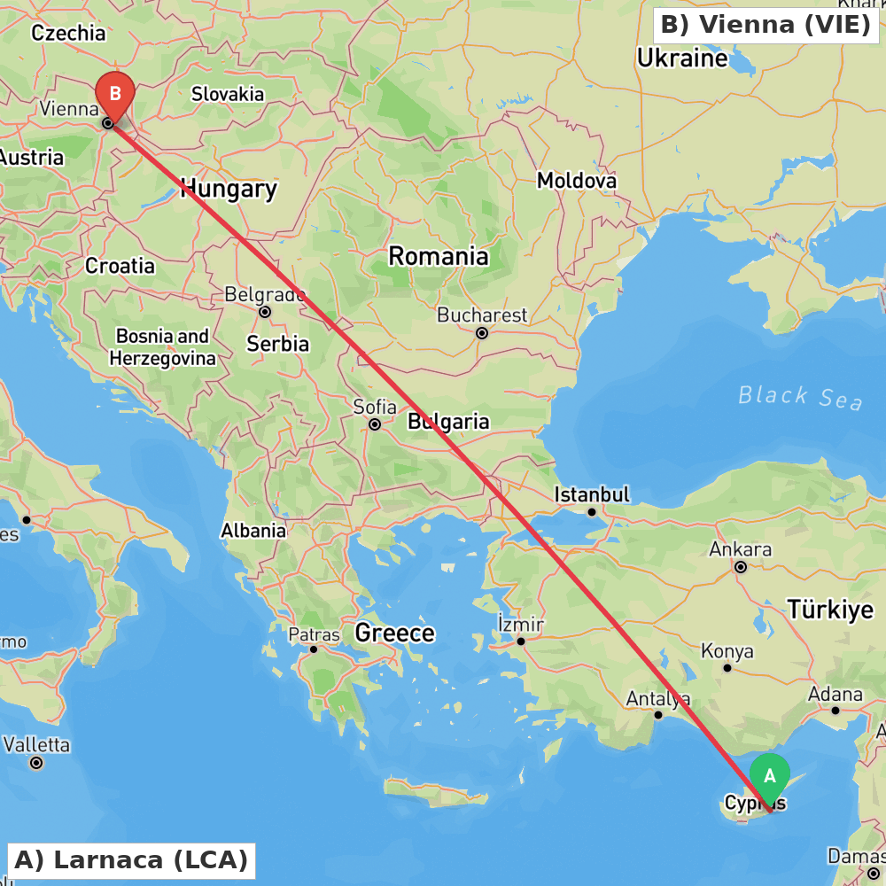 Flight route map from Larnaca to Vienna
