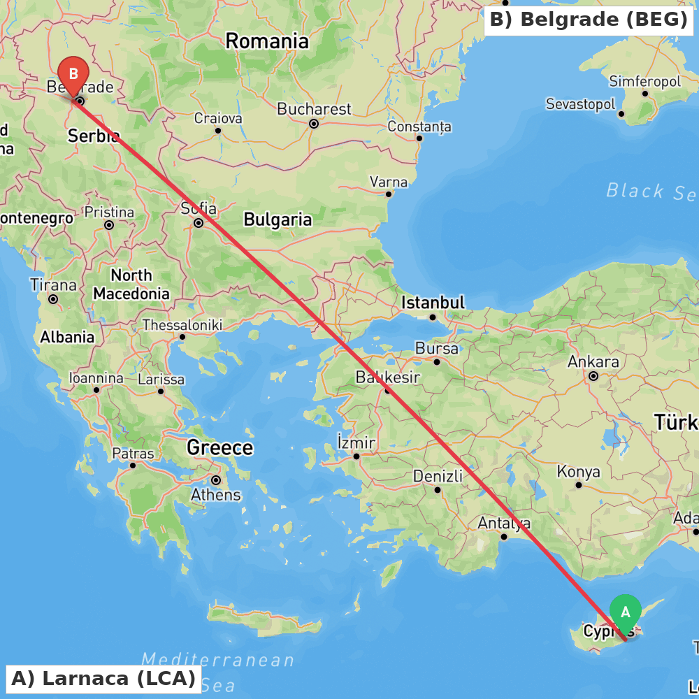 Flight route map from Larnaca to Belgrade