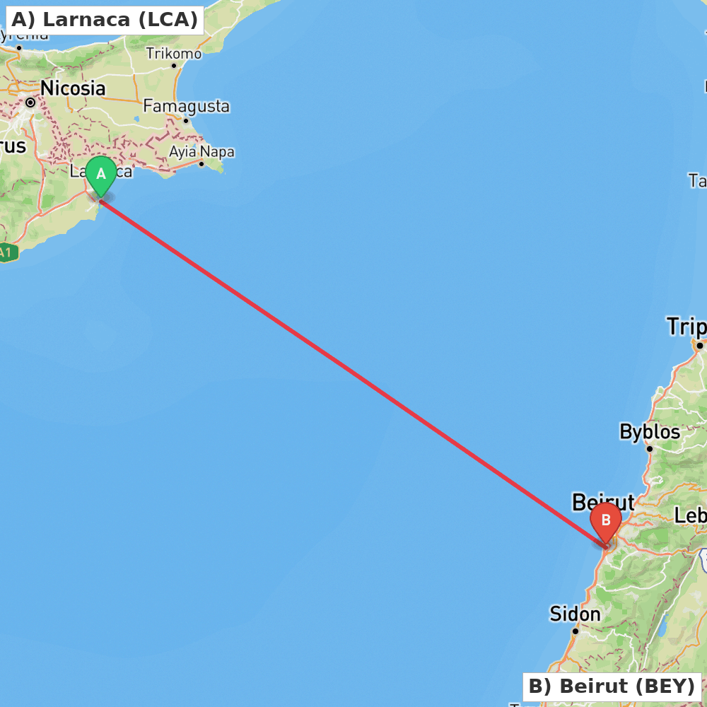 Flight route map from Larnaca to Beirut