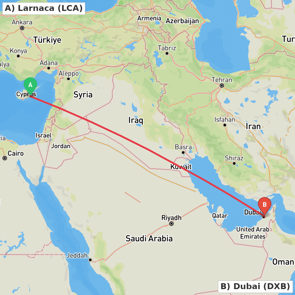 Flight route map from Larnaca to Dubai