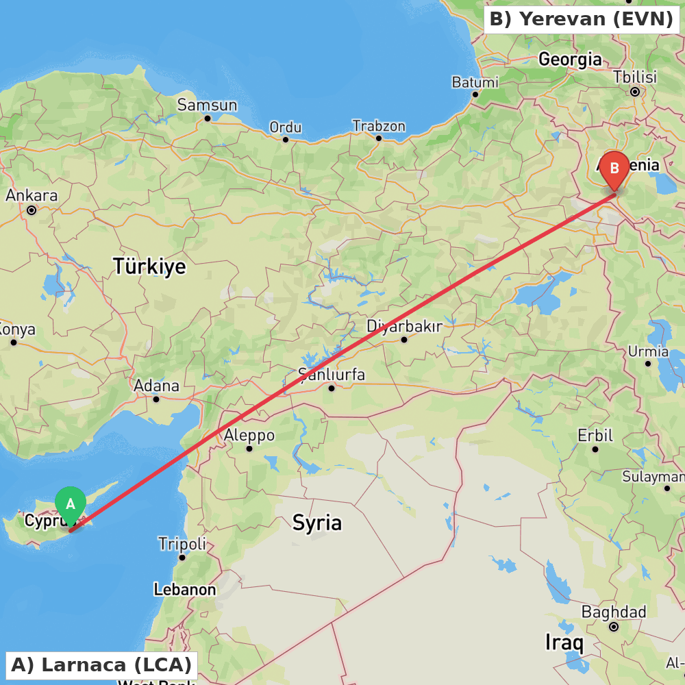 Flight route map from Larnaca to Yerevan