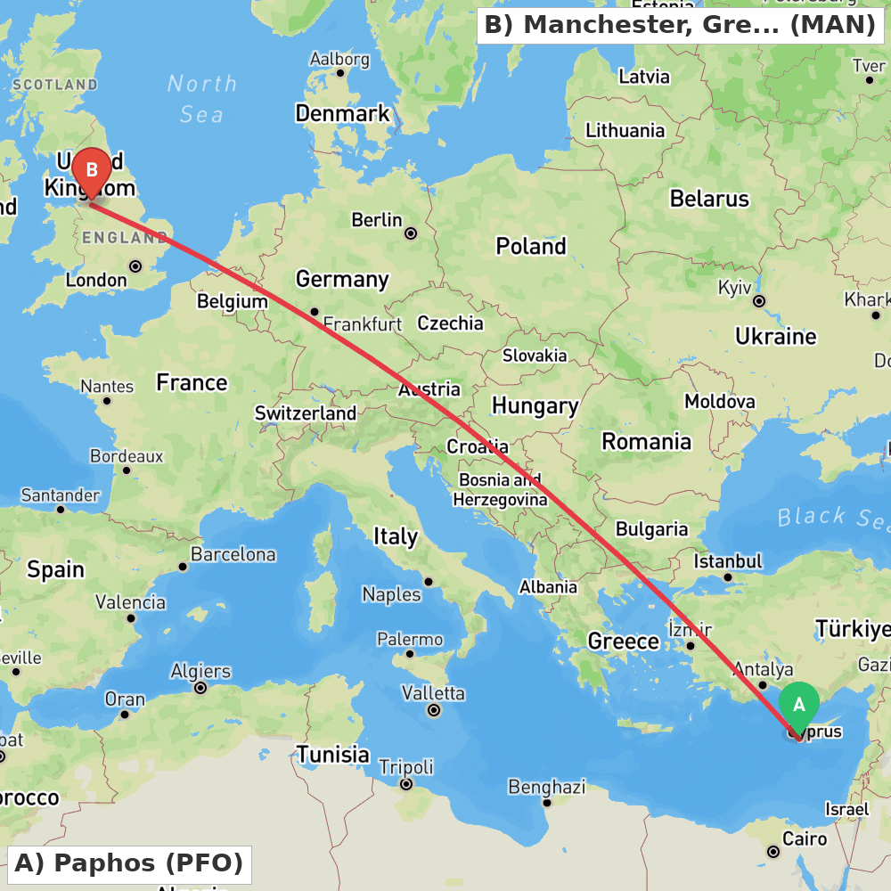 Flight route map from Paphos to Manchester, Greater Manchester