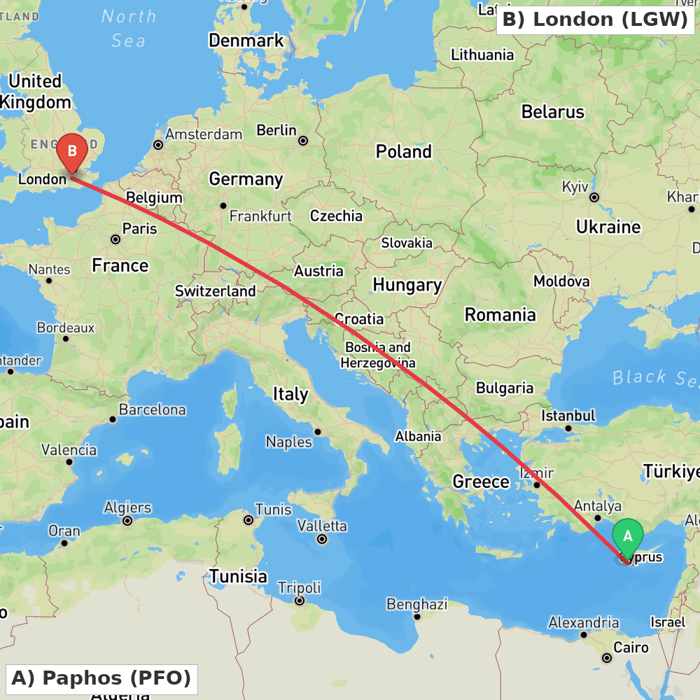 Flight route map from Paphos to London