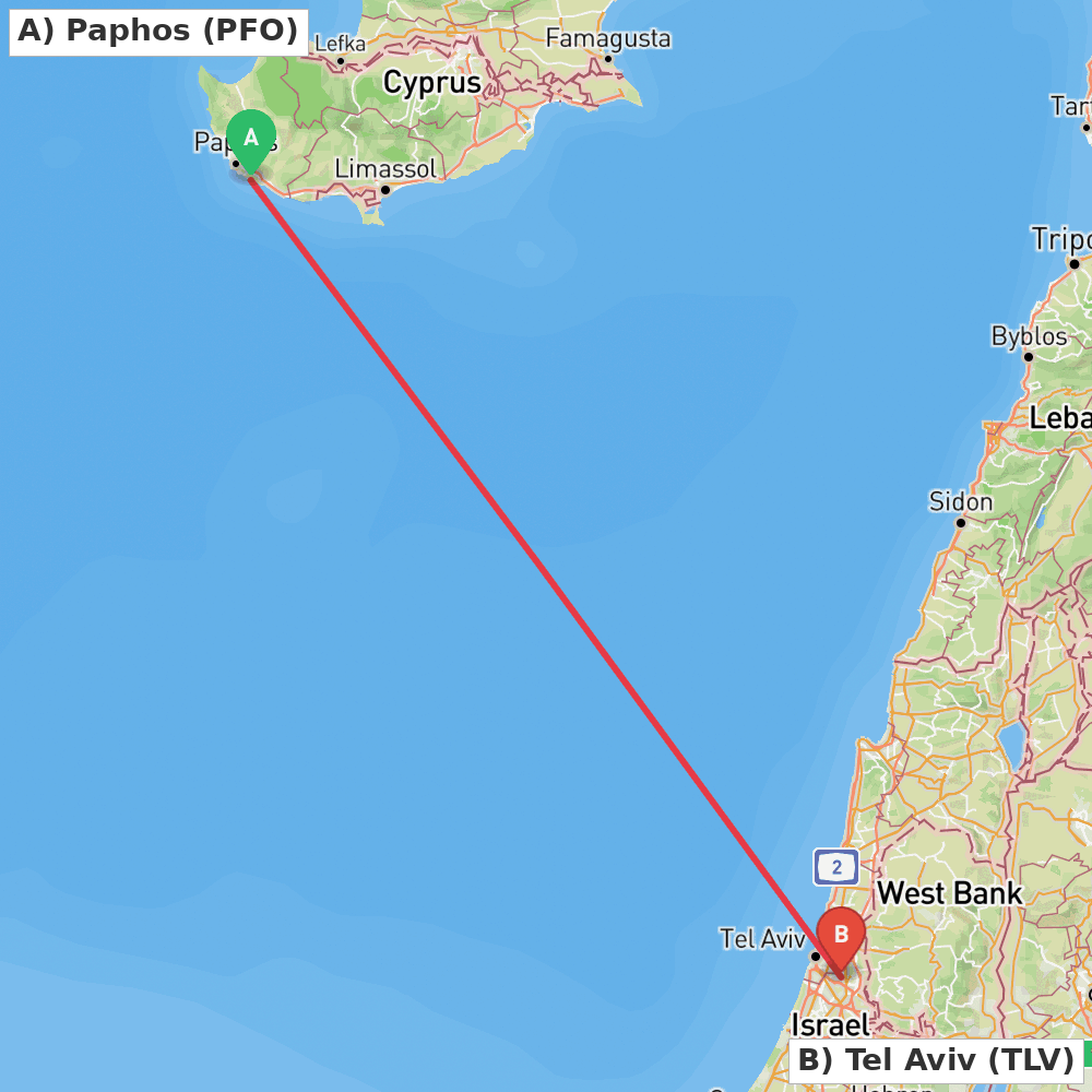 Flight route map from Paphos to Tel Aviv