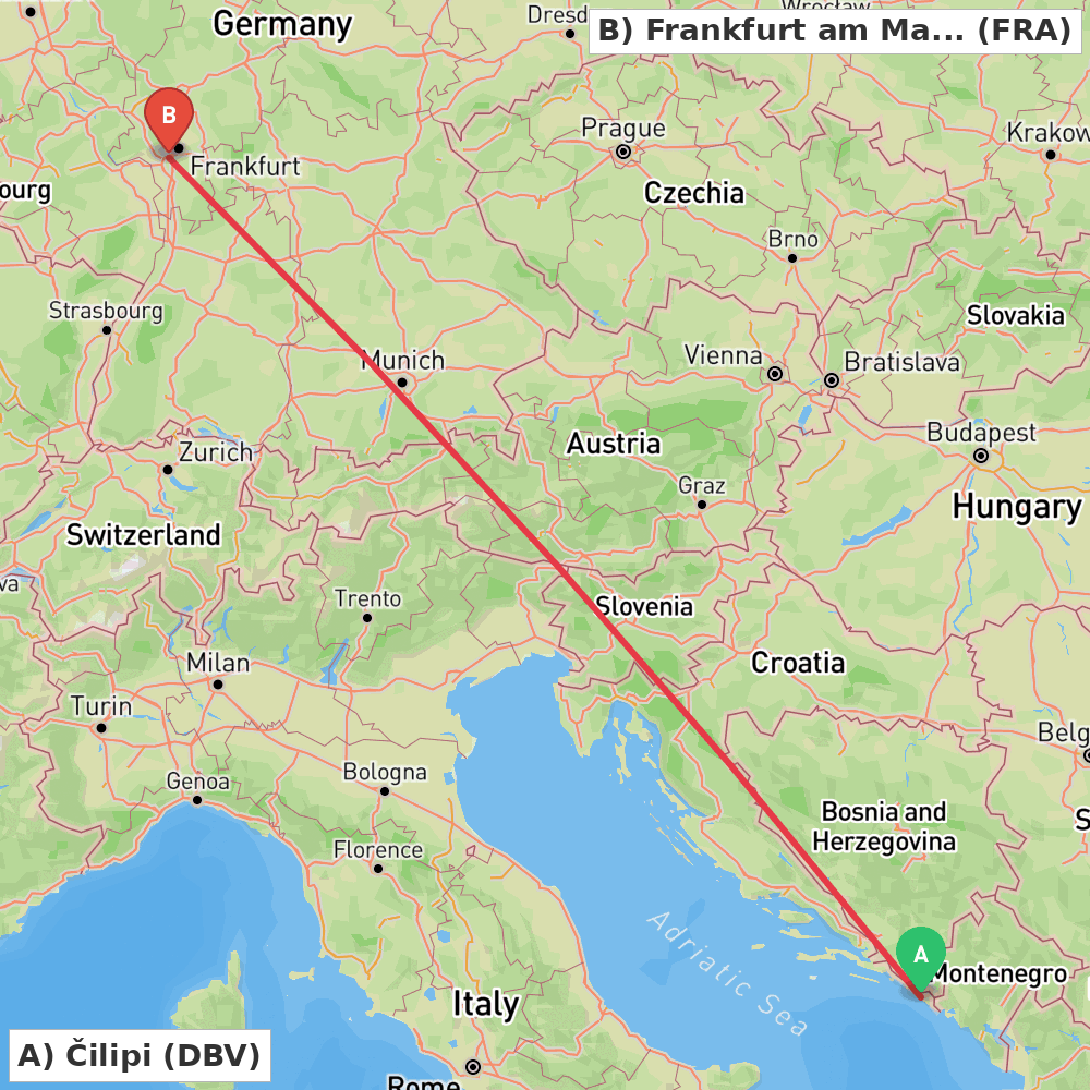 Flight route map from Čilipi to Frankfurt am Main