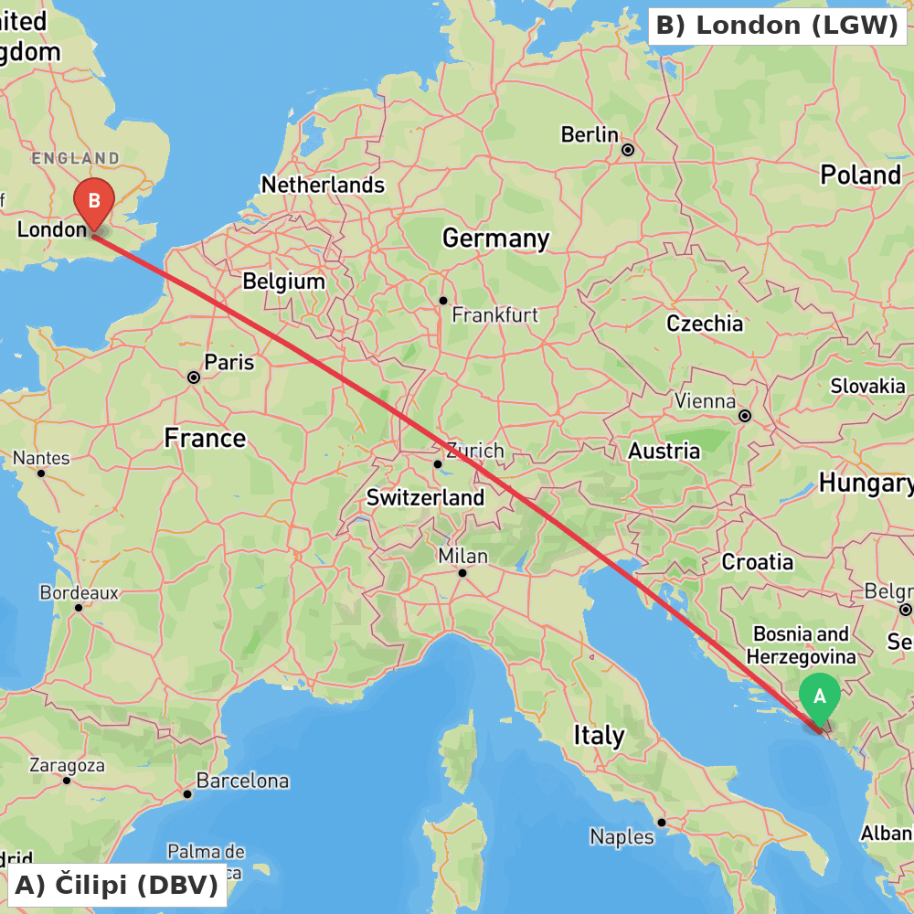 Flight route map from Čilipi to London