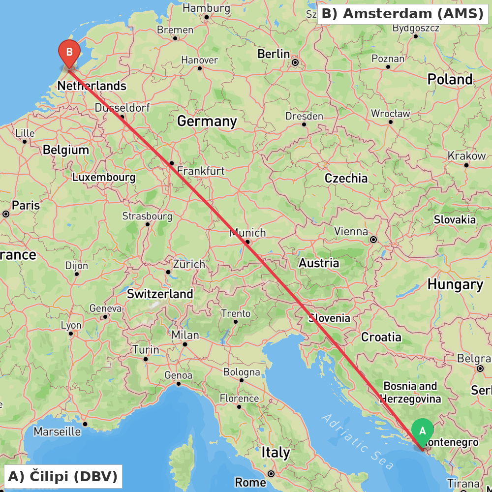 Flight route map from Čilipi to Amsterdam