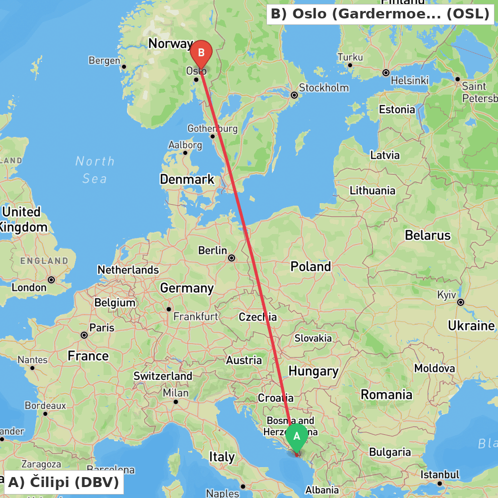 Flight route map from Čilipi to Oslo (Gardermoen)