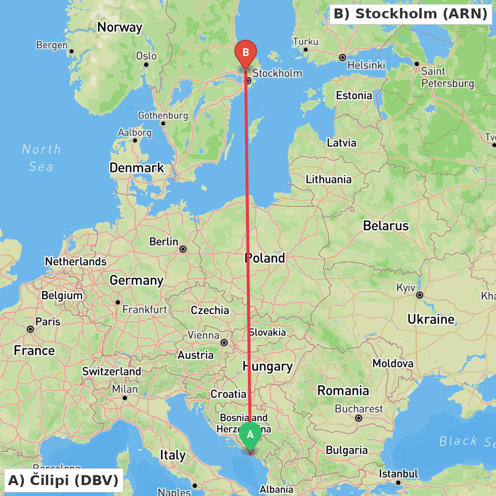 Flight route map from Čilipi to Stockholm