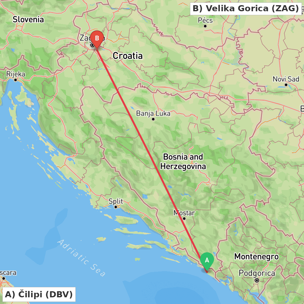 Flight route map from Čilipi to Velika Gorica