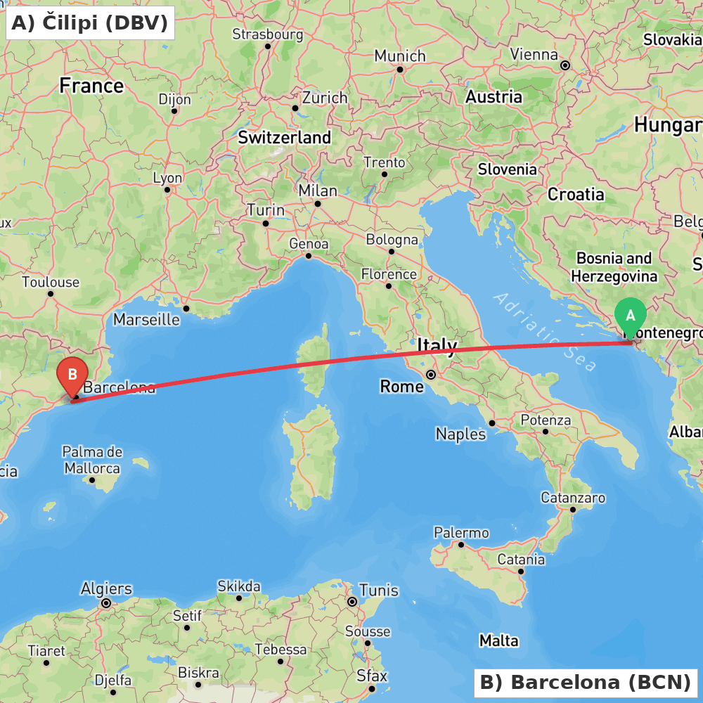 Flight route map from Čilipi to Barcelona