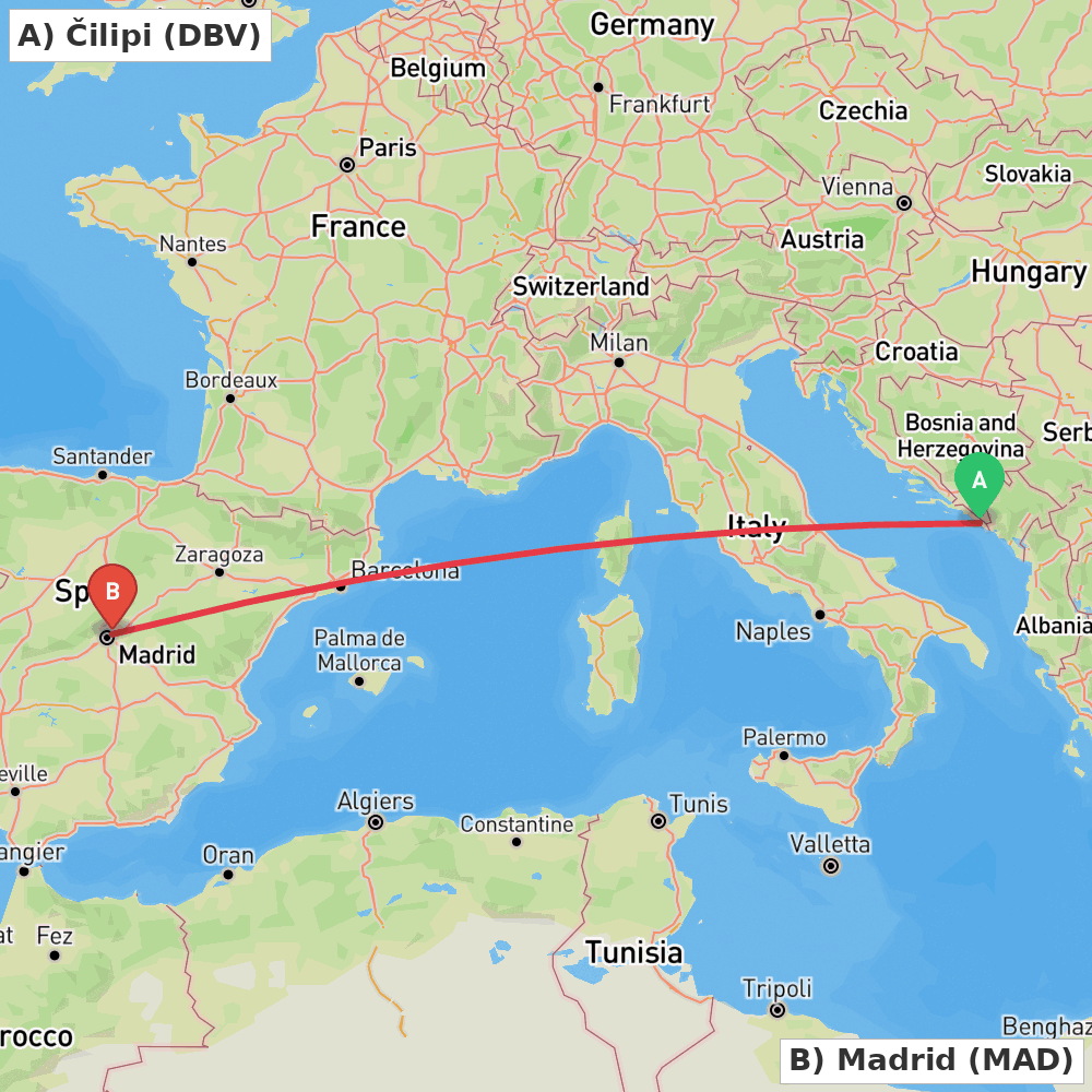 Flight route map from Čilipi to Madrid