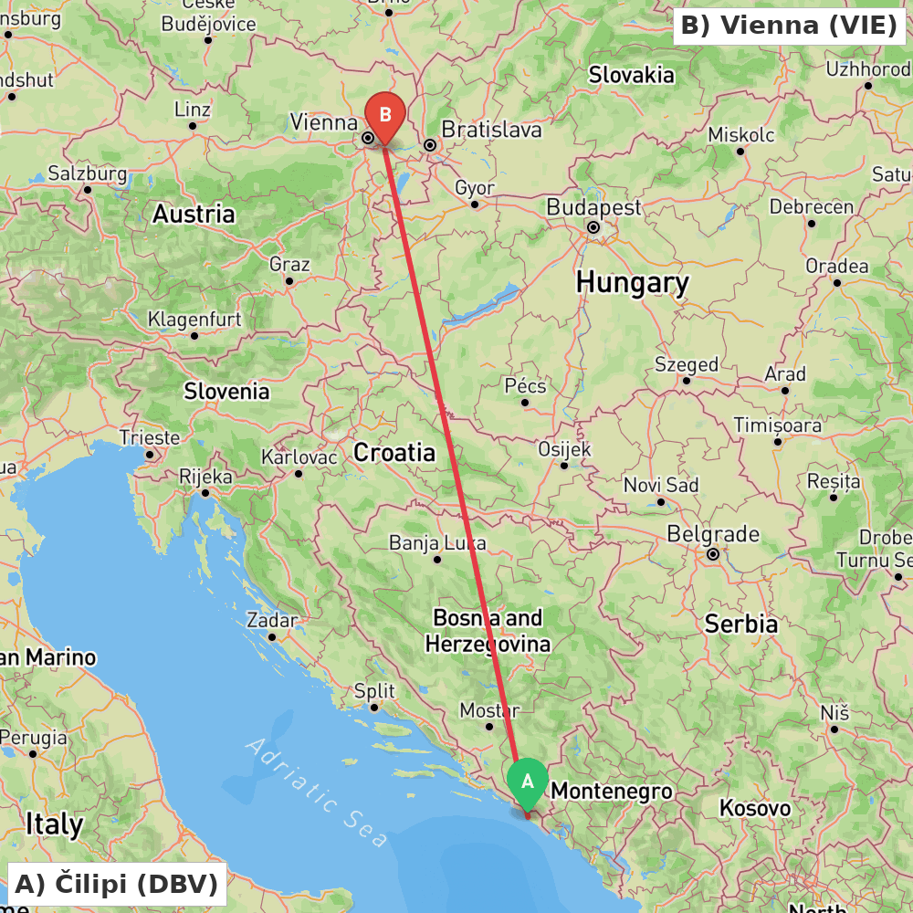Flight route map from Čilipi to Vienna