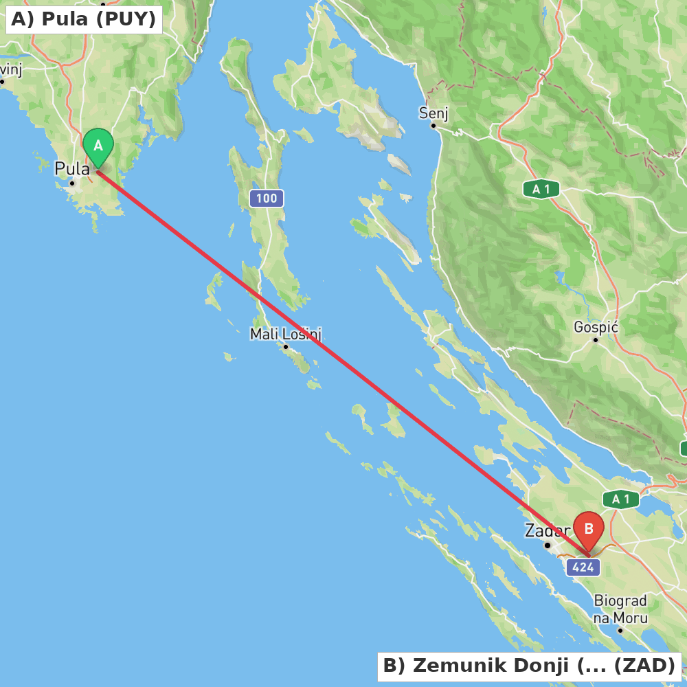 Flight route map from Pula to Zemunik Donji (Zadar)