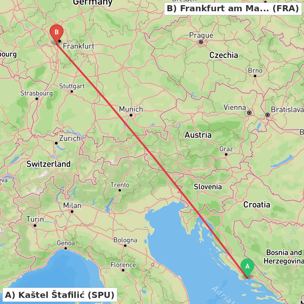 Flight route map from Kaštel Štafilić to Frankfurt am Main