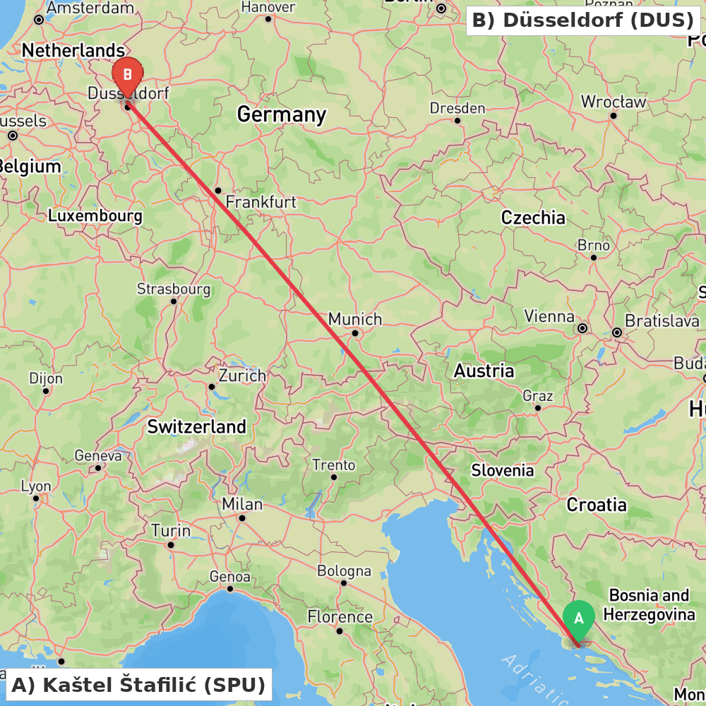 Flight route map from Kaštel Štafilić to Düsseldorf