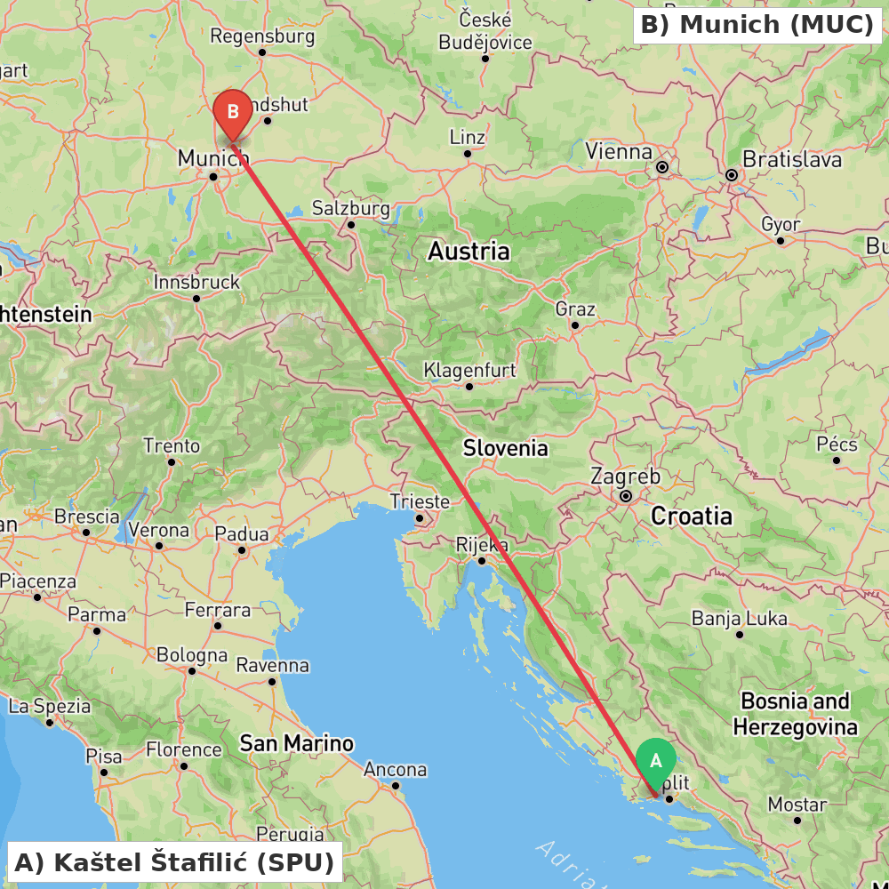 Flight route map from Kaštel Štafilić to Munich