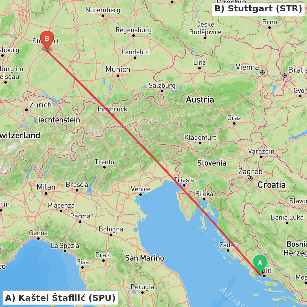 Flight route map from Kaštel Štafilić to Stuttgart
