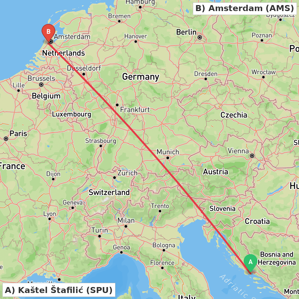 Flight route map from Kaštel Štafilić to Amsterdam