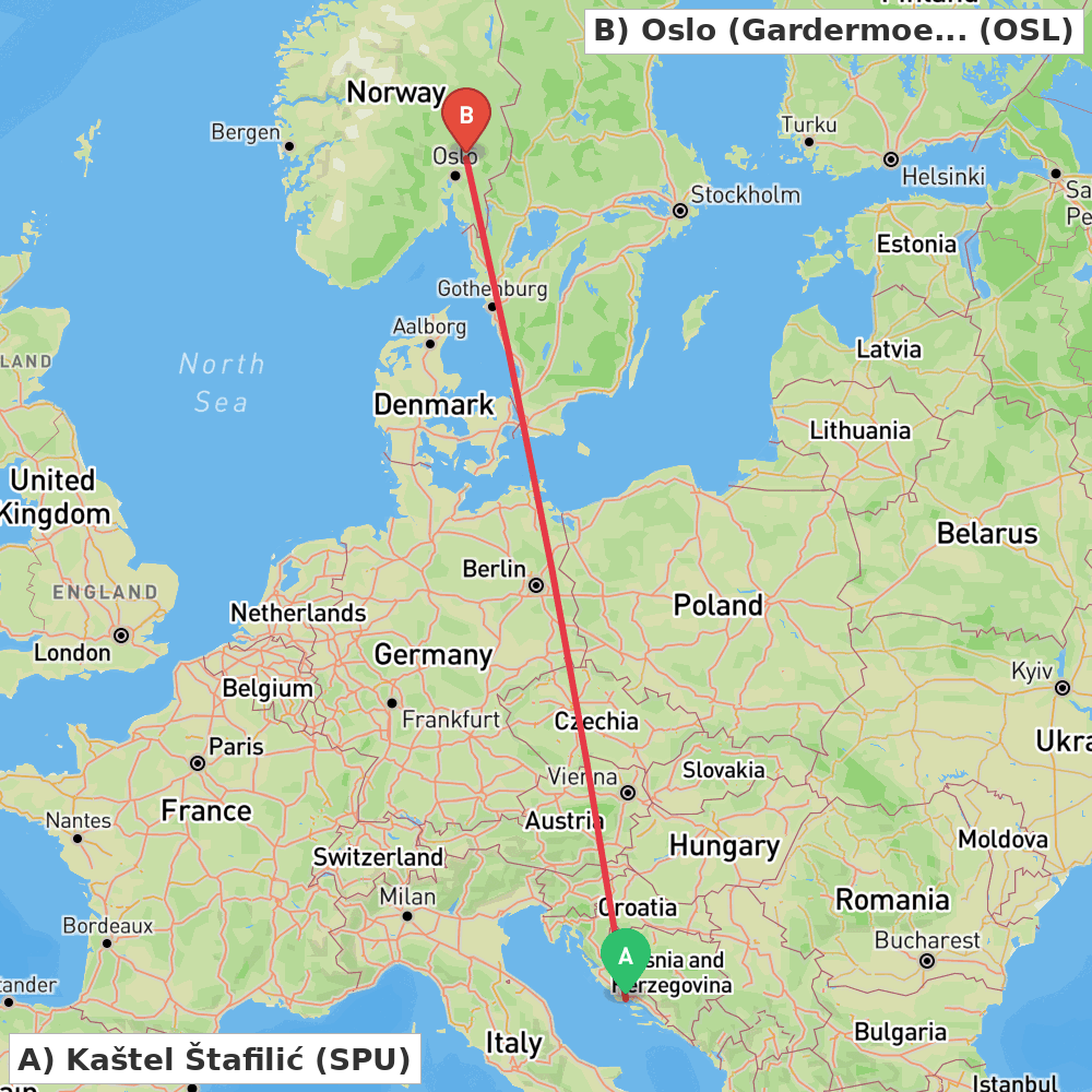 Flight route map from Kaštel Štafilić to Oslo (Gardermoen)