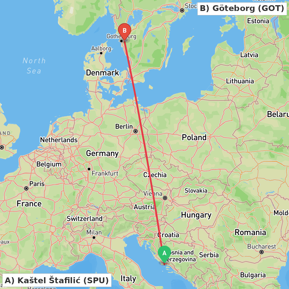 Flight route map from Kaštel Štafilić to Göteborg