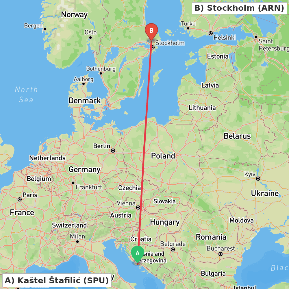 Flight route map from Kaštel Štafilić to Stockholm