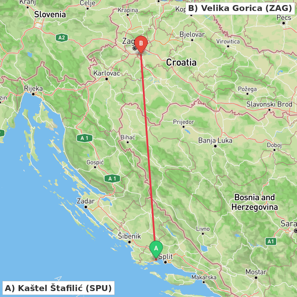 Flight route map from Kaštel Štafilić to Velika Gorica