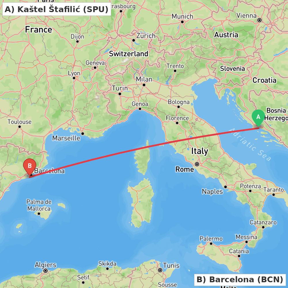 Flight route map from Kaštel Štafilić to Barcelona