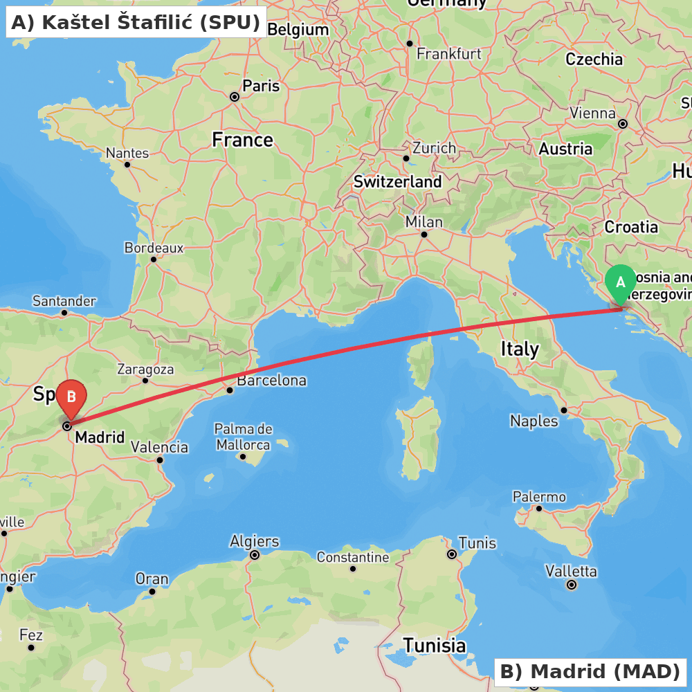 Flight route map from Kaštel Štafilić to Madrid