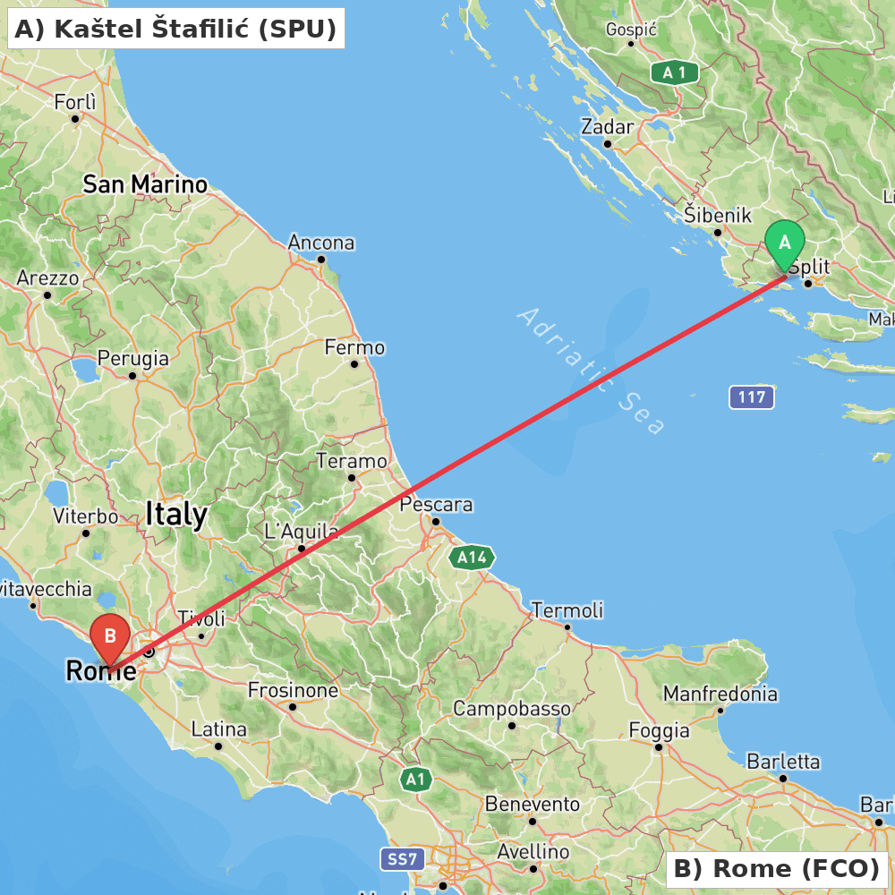 Flight route map from Kaštel Štafilić to Rome