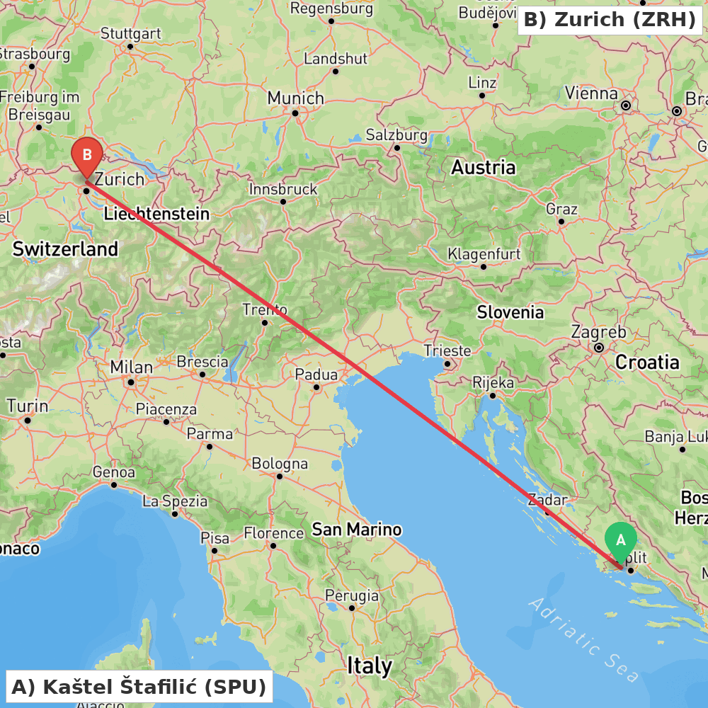 Flight route map from Kaštel Štafilić to Zurich
