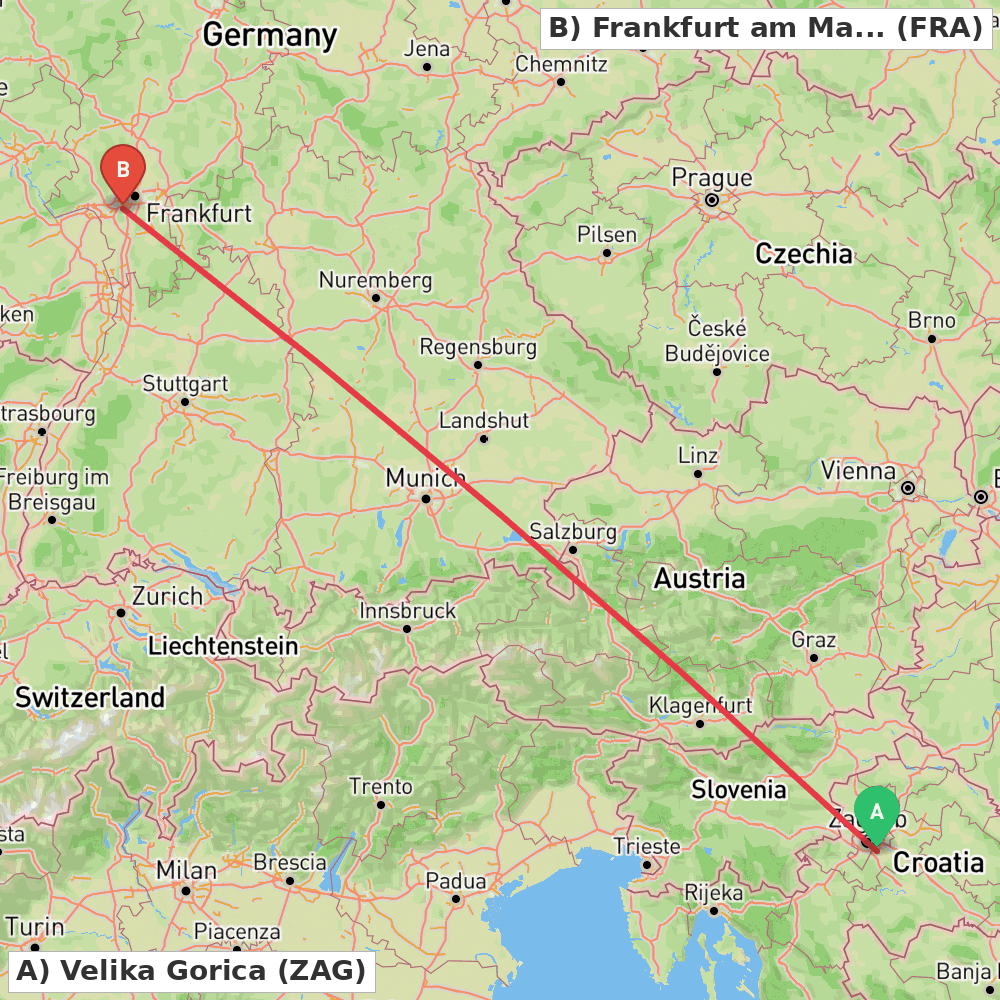 Flight route map from Velika Gorica to Frankfurt am Main