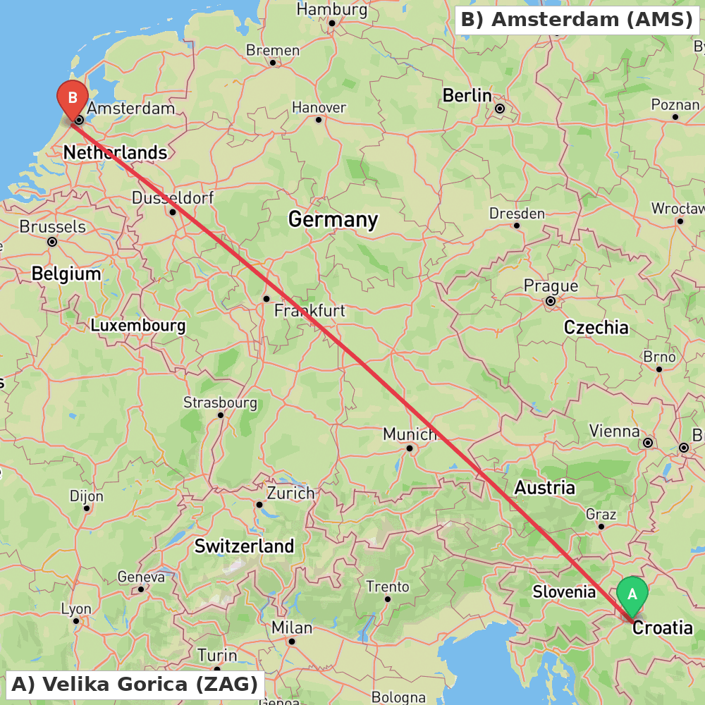 Flight route map from Velika Gorica to Amsterdam