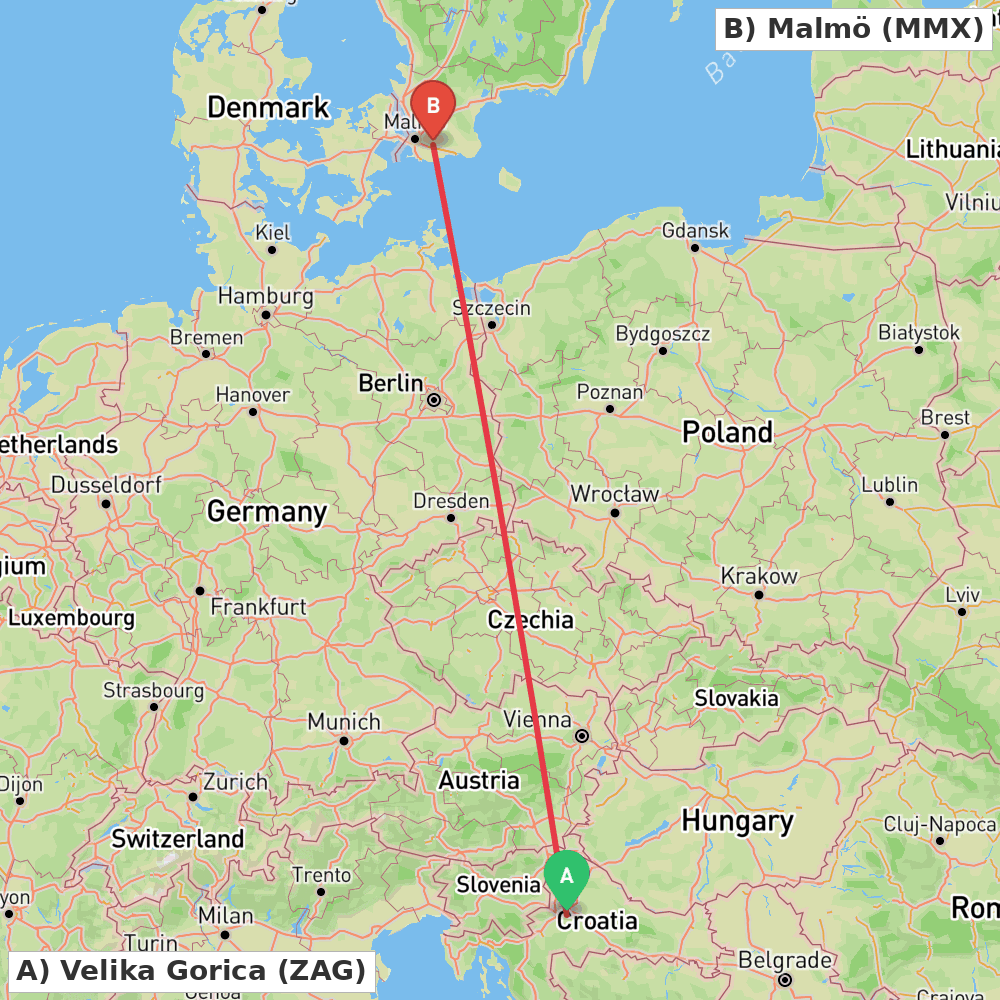 Flight route map from Velika Gorica to Malmö