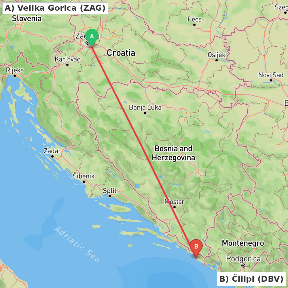 Flight route map from Velika Gorica to Čilipi