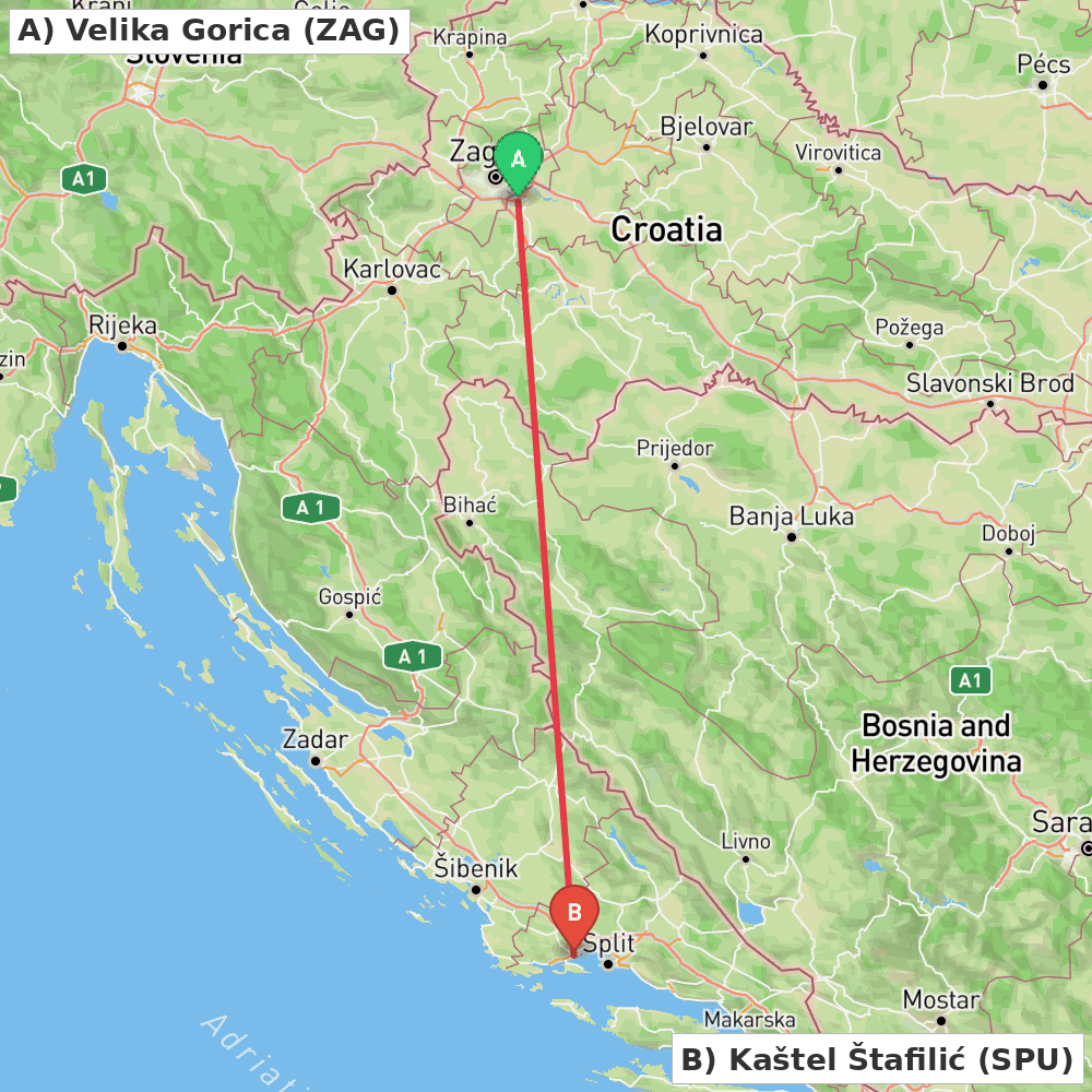 Flight route map from Velika Gorica to Kaštel Štafilić