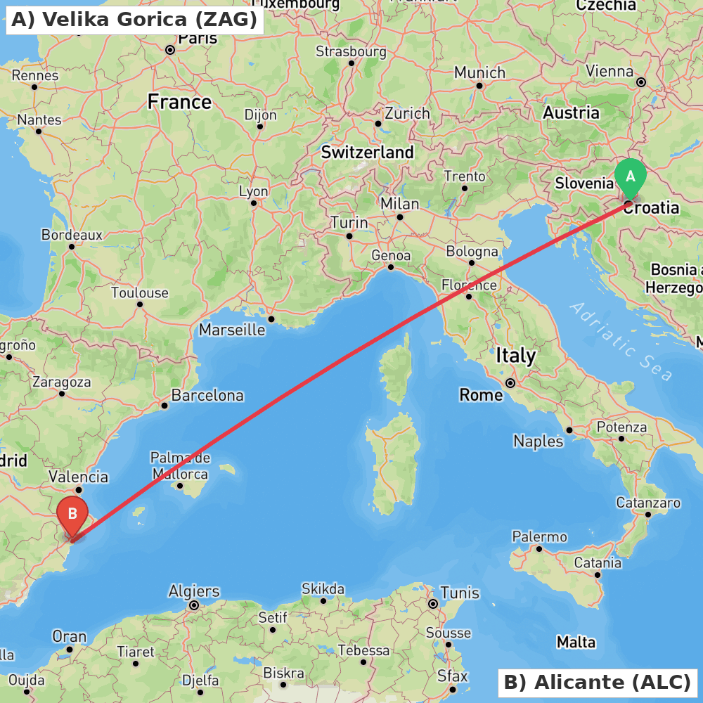 Flight route map from Velika Gorica to Alicante