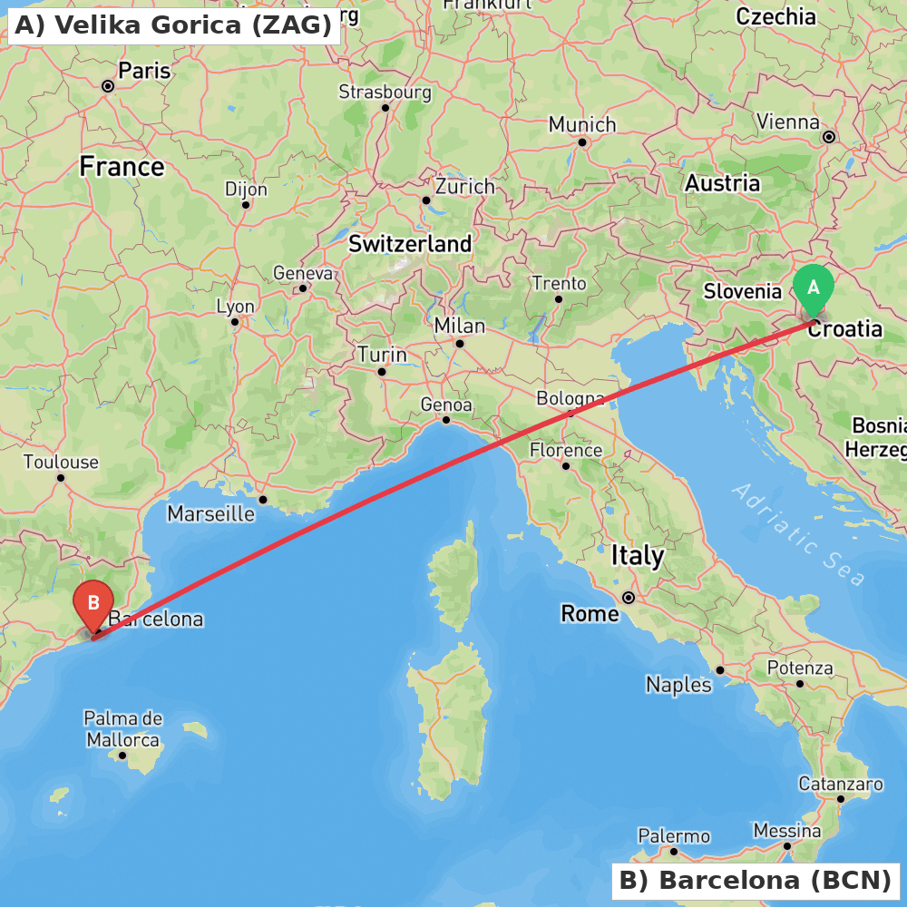 Flight route map from Velika Gorica to Barcelona