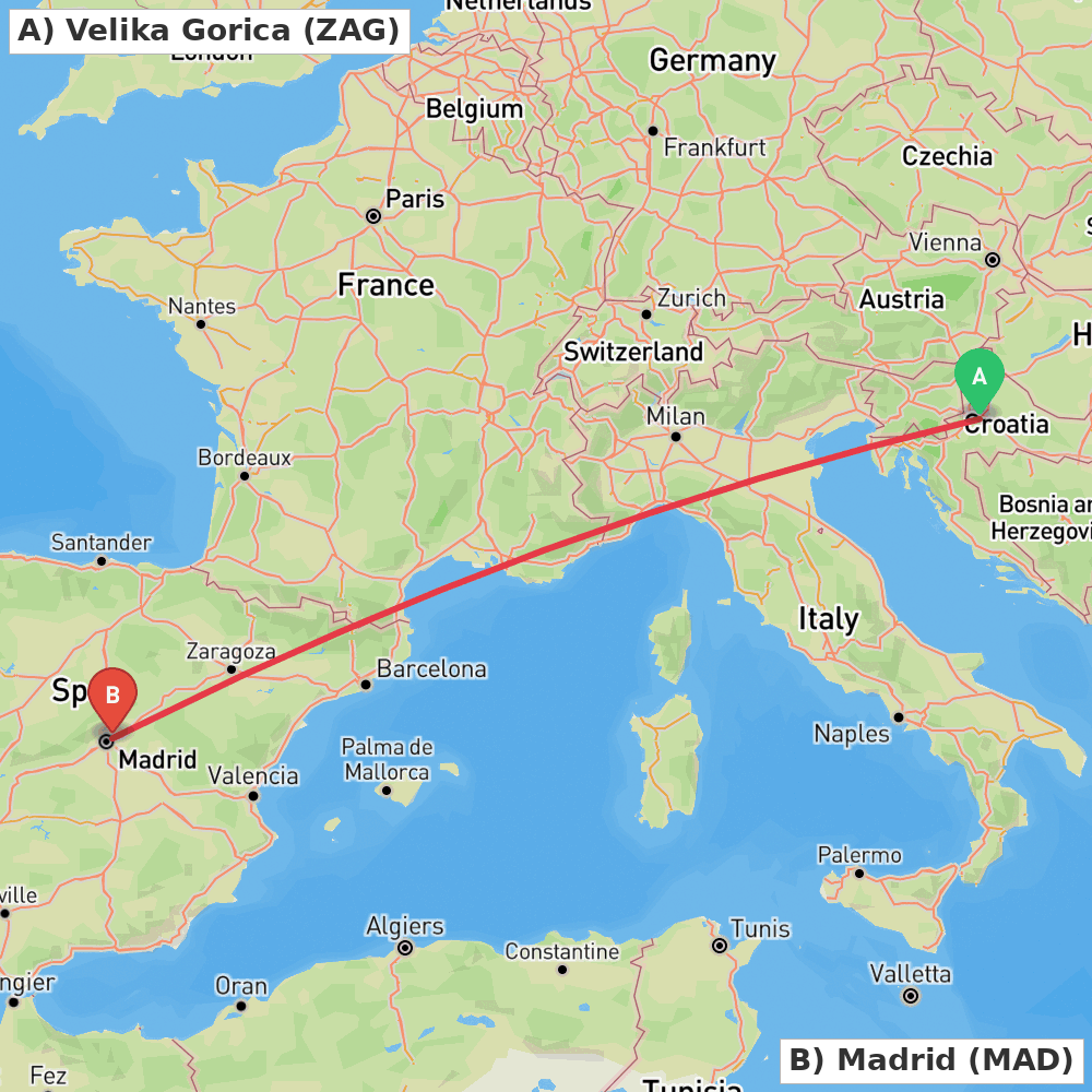 Flight route map from Velika Gorica to Madrid