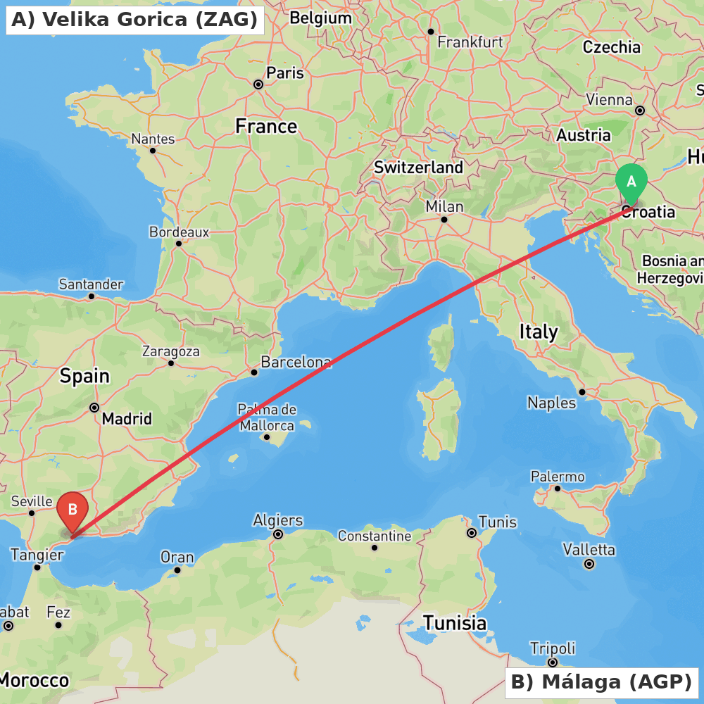 Flight route map from Velika Gorica to Málaga