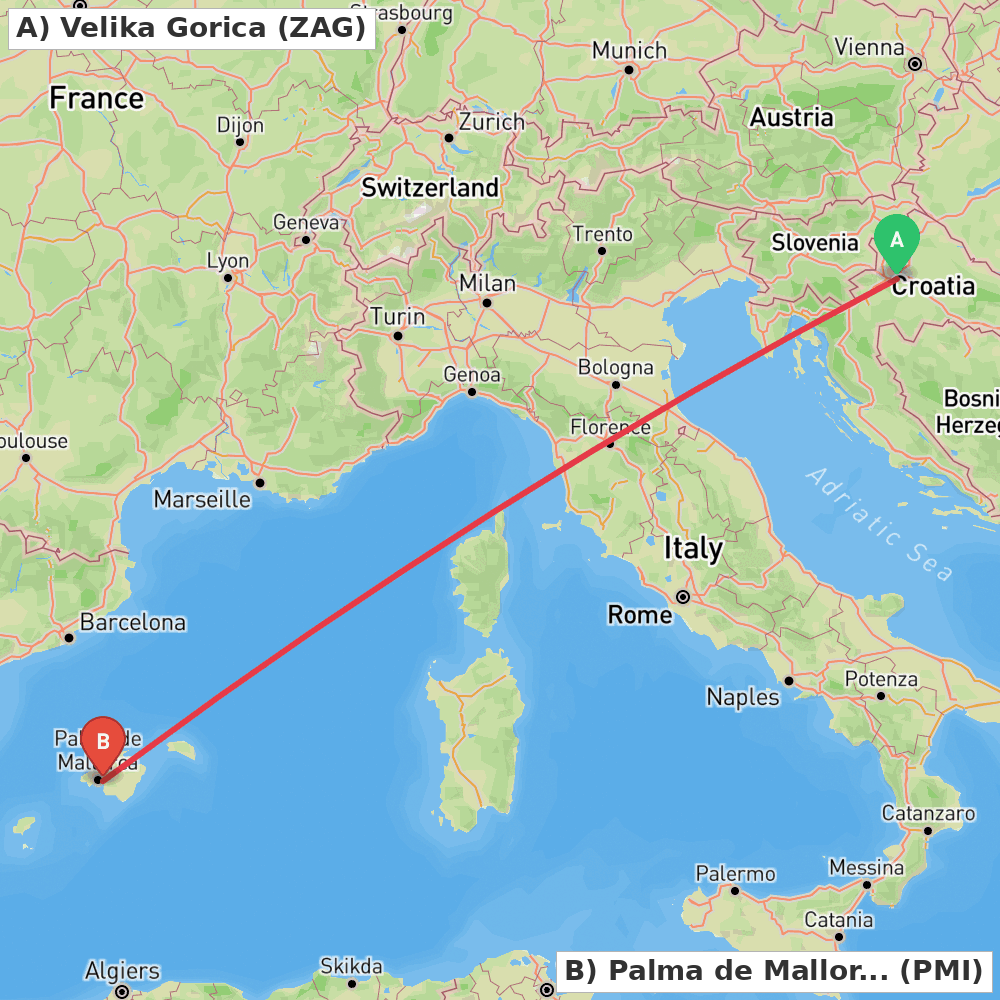 Flight route map from Velika Gorica to Palma de Mallorca