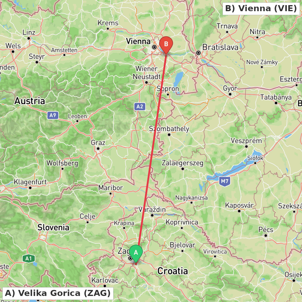 Flight route map from Velika Gorica to Vienna