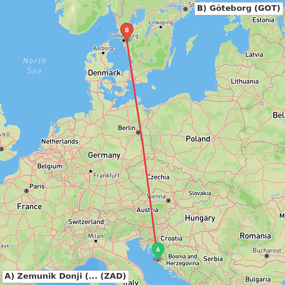 Flight route map from Zemunik Donji (Zadar) to Göteborg