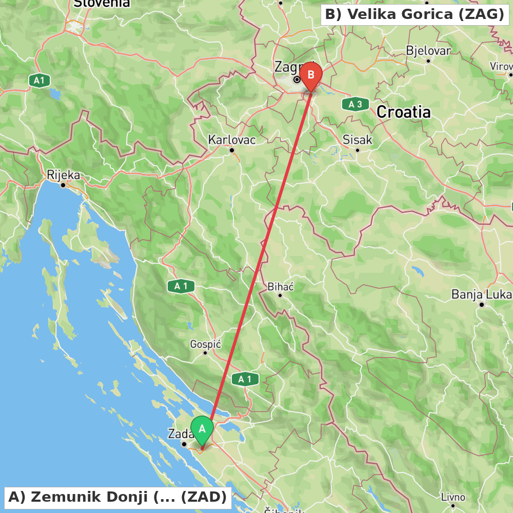 Flight route map from Zemunik Donji (Zadar) to Velika Gorica