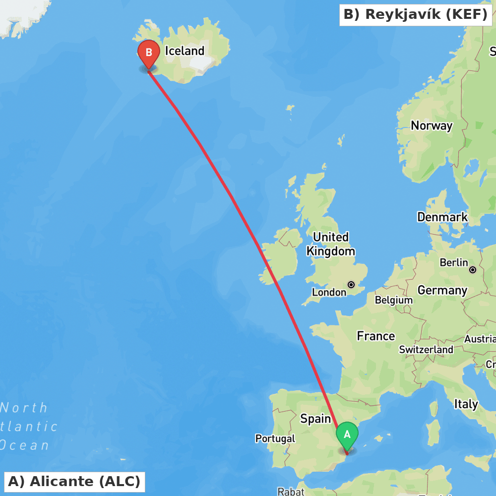 Flight route map from Alicante to Reykjavík