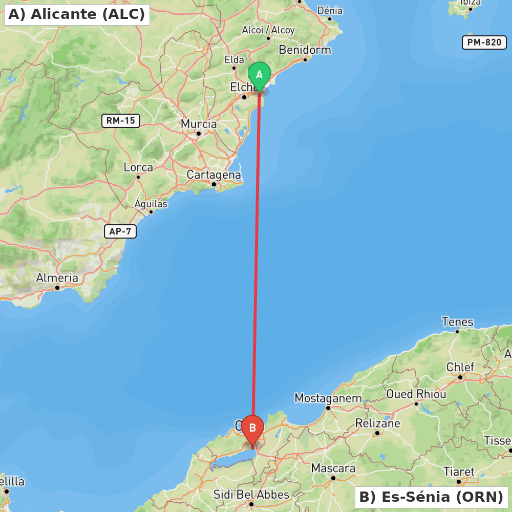 Flight route map from Alicante to Es-Sénia