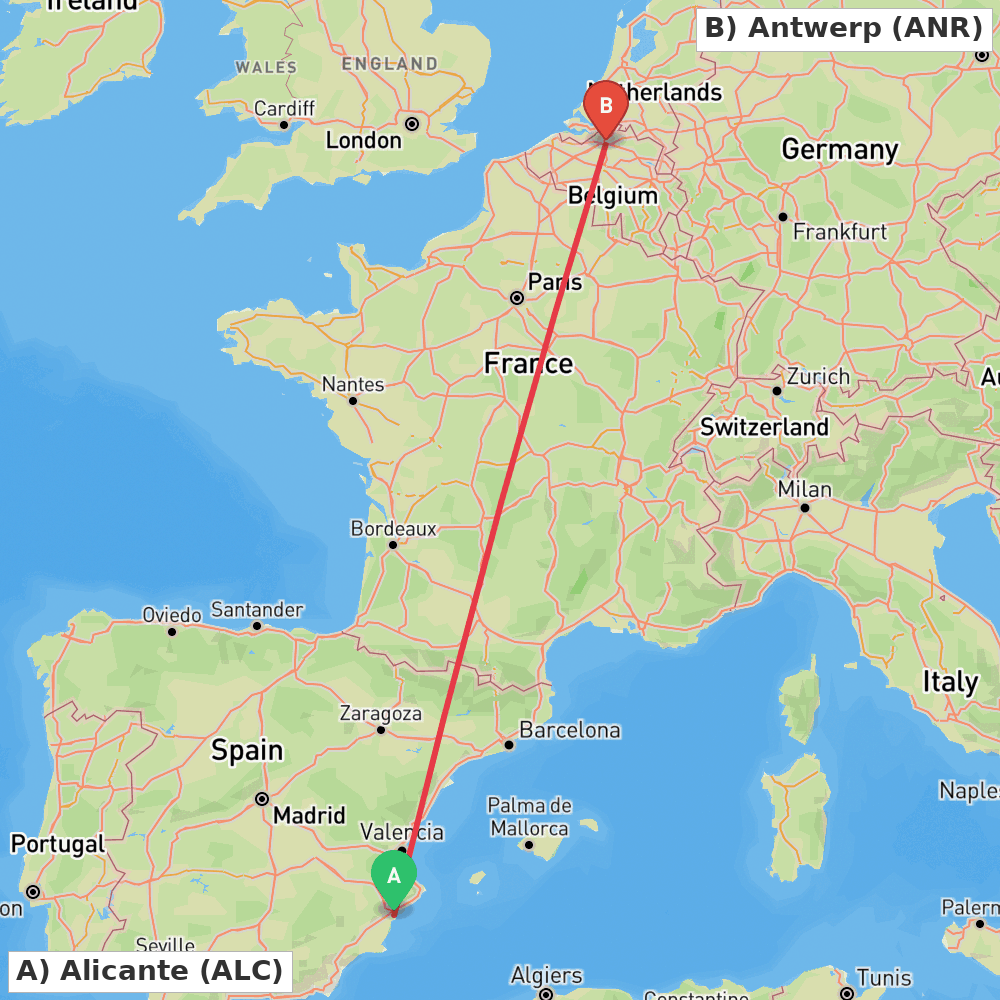 Flight route map from Alicante to Antwerp