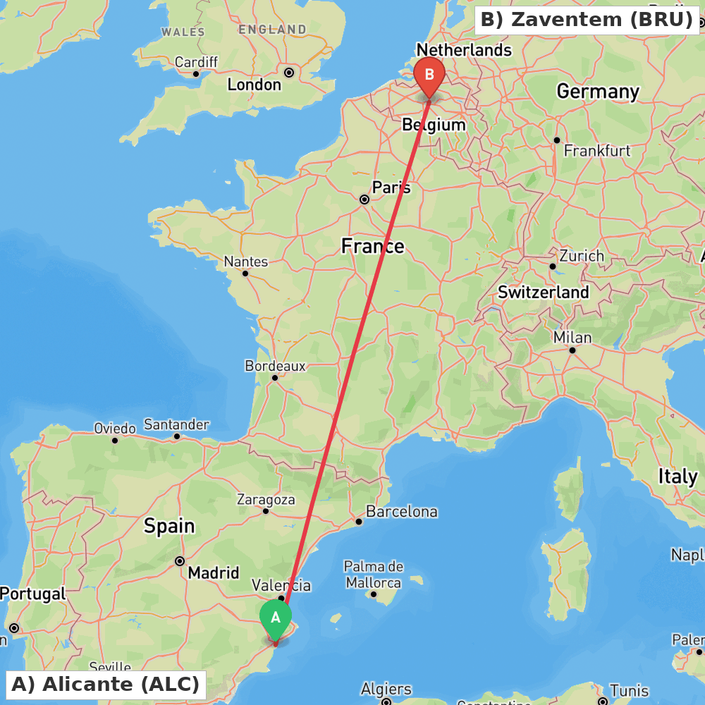 Flight route map from Alicante to Zaventem