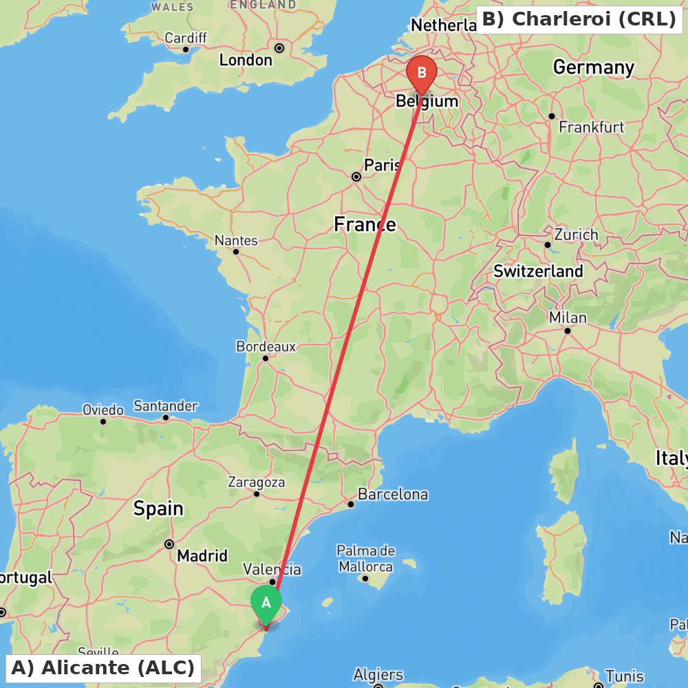 Flight route map from Alicante to Charleroi