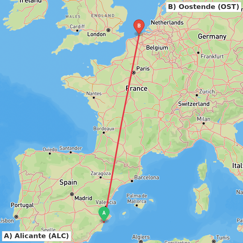 Flight route map from Alicante to Oostende
